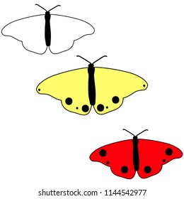 Set of three butterflies. Line art, yellow, red. Colored. Vector illustration. 