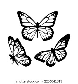 Set of three butterfly illustrations in black. Set includes different isolated butterfly species - Shutterstock ID 2256041313