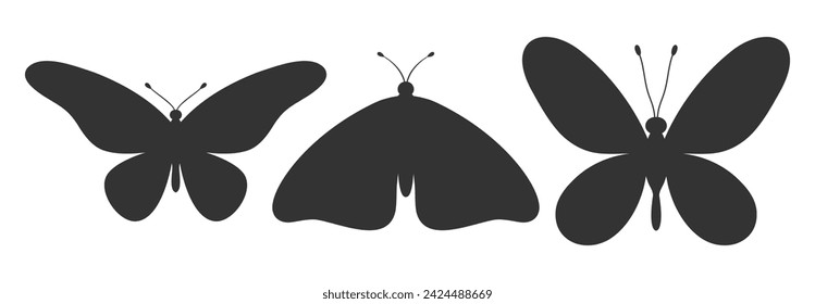 Set of three butterfly silhouettes. Insect icons, tattoos. Simple black shapes of butterflies and moths. Vector illustration