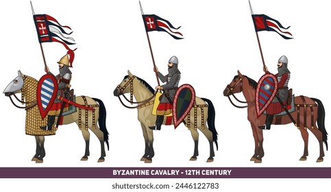 Set of Three Byzantine Cavalrymen or Knights From 11th or 12th Century During Crusades, Isolated on White Background, Vector EPS 10