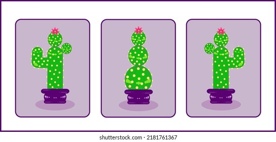 Set of three Cactus. Collection of 3 house plants. Isolated Cacti. Vector images. Trendy illustration. 