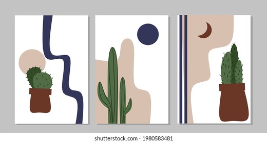 Tres cactus colocados en la maceta o en las paredes de jarrón. Decoración de plantas en las paredes. Decoración minimalista de la pared del jardín. Cartel, fondo de pantalla, tarjetas, tarjetas de felicitación y póster