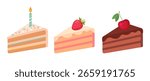 Set of three cake slices: chocolate with cherry, strawberry with cream, and birthday cake with candle. Cute dessert collection on white background.