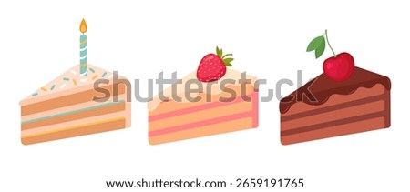Set of three cake slices: chocolate with cherry, strawberry with cream, and birthday cake with candle. Cute dessert collection on white background.