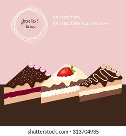 Set of three cake slices on the table. Vector illuatration. Chocolate and strawberry