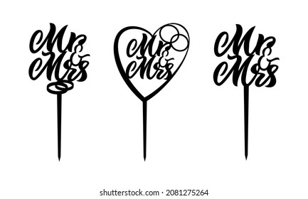 Set of three cake toppers Mr and Mrs with heart, rings. Vector laser cut files. Wedding decoration. Hand calligraphy script lettering style. 