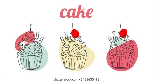 A set of three cakes drawn with lines and filled in with color. On a white background with the inscription "cake"