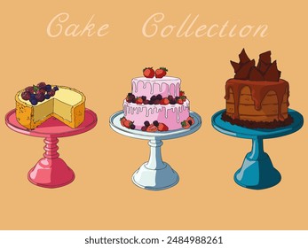 Set of three cakes. Isolated illustration. Cake day. Vector illustration.