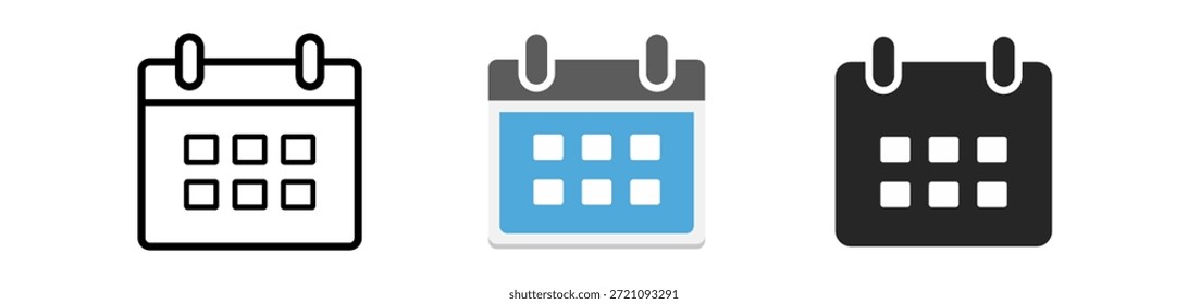 Conjunto de tres iconos de calendario en diferentes estilos: contorno, color relleno y silueta oscura.
