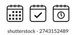Set of three calendar icons representing monthly scheduling, completed tasks with a checkmark, and time management with a clock symbol for planning.