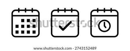 Set of three calendar icons representing monthly scheduling, completed tasks with a checkmark, and time management with a clock symbol for planning.