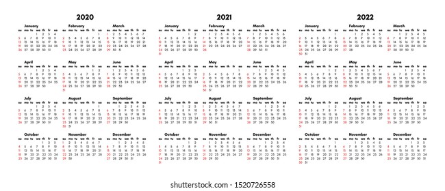 Set of three calendars for 2020, 2021 and 2022 isolated on a white background. Sunday to Monday, business template. Vector illustration