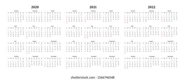 Set of three calendars for 2020, 2021 and 2022 isolated on a white background. Sunday to Monday, business template. Vector illustration