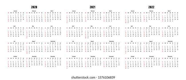 Set of three calendars for 2020, 2021 and 2022 isolated on a white background. Sunday to Monday, business template. Vector illustration