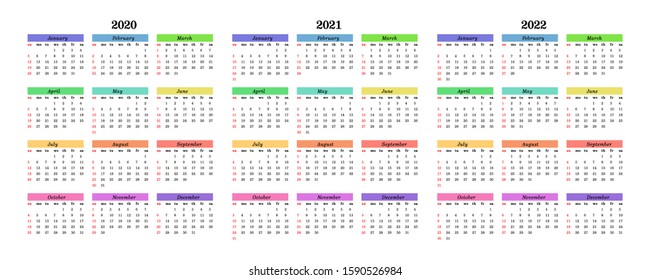 Set of three calendars for 2020, 2021 and 2022 isolated on a white background. Sunday to Monday, business template. Vector illustration