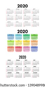 Set of three calendars for 2020 isolated on a white background. Sunday to Monday, business template. Vector illustration