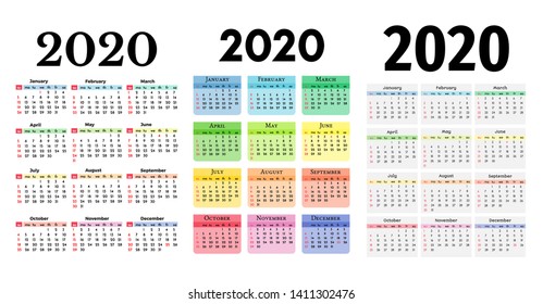 Set of three calendars for 2020 isolated on a white background. Sunday to Monday, business template. Vector illustration
