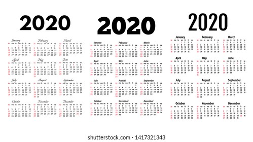 Set of three calendars for 2020 isolated on a white background. Sunday to Monday, business template. Vector illustration