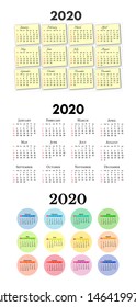 Set of three calendars for 2020 isolated on a white background. Sunday to Monday, business template. Vector illustration