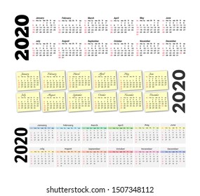 Set of three calendars for 2020 isolated on a white background. Sunday to Monday, business template. Vector illustration