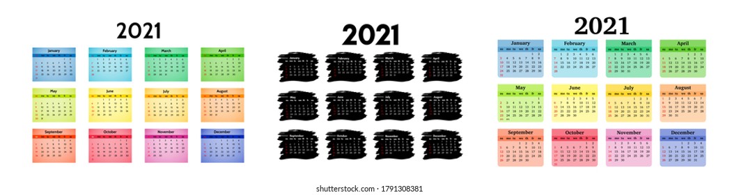 Conjunto de tres calendarios para 2021 aislados en un fondo blanco. De domingo a lunes, plantilla de negocios. Ilustración del vector