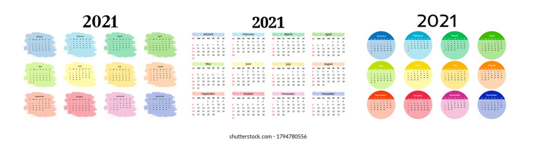 Set of three calendars for 2021 isolated on a white background. Sunday to Monday, business template. Vector illustration