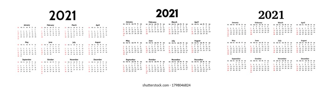 Set of three calendars for 2021 isolated on a white background. Sunday to Monday, business template. Vector illustration