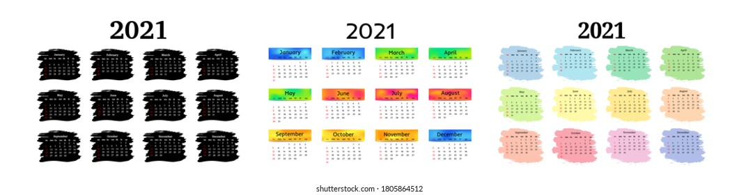 Set of three calendars for 2021 isolated on a white background. Sunday to Monday, business template. Vector illustration