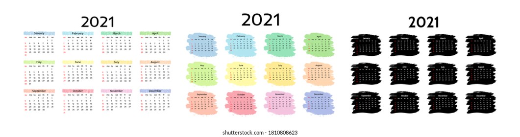 Set of three calendars for 2021 isolated on a white background. Sunday to Monday, business template. Vector illustration