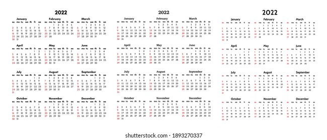 Set of three calendars for 2022 isolated on a white background. Sunday to Monday, business template. Vector illustration