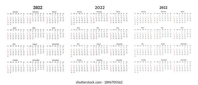 Set of three calendars for 2022 isolated on a white background. Sunday to Monday, business template. Vector illustration