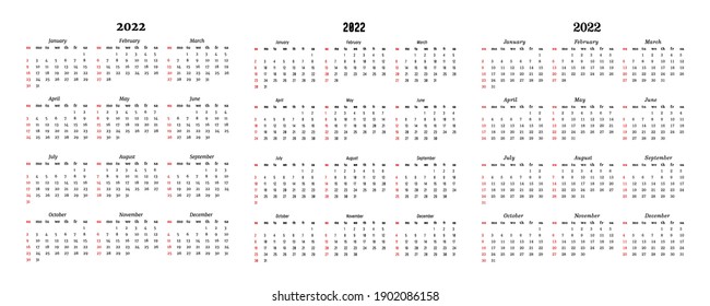 Set of three calendars for 2022 isolated on a white background. Sunday to Monday, business template. Vector illustration