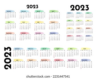 Conjunto de tres calendarios para 2023 en diferentes formas aislados en un fondo blanco. De domingo a lunes, plantilla de negocios. Ilustración del vector