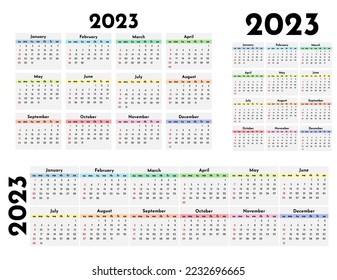 Set of three calendars for 2023 in different forms isolated on a white background. Sunday to Monday, business template. Vector illustration