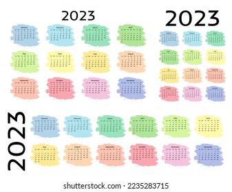 Set of three calendars for 2023 in different forms isolated on a white background. Sunday to Monday, business template. Vector illustration