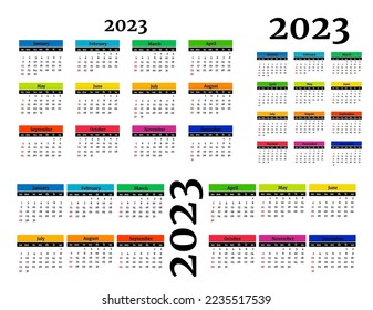 Set of three calendars for 2023 in different forms isolated on a white background. Sunday to Monday, business template. Vector illustration