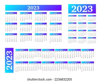 Set of three calendars for 2023 in different forms isolated on a white background. Sunday to Monday, business template. Vector illustration