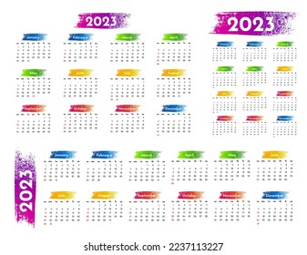 Set of three calendars for 2023 in different forms isolated on a white background. Sunday to Monday, business template. Vector illustration