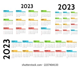 Set of three calendars for 2023 in different forms isolated on a white background. Sunday to Monday, business template. Vector illustration