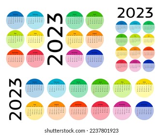 Set of three calendars for 2023 in different forms isolated on a white background. Sunday to Monday, business template. Vector illustration