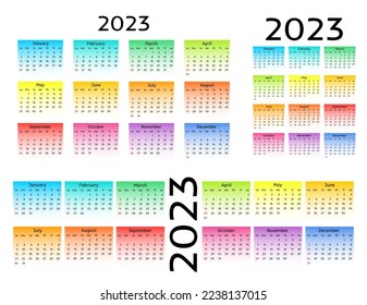 Set von drei Kalendern für 2023 in verschiedenen Formen einzeln auf weißem Hintergrund. Von Sonntag bis Montag, Geschäftsvorlage. Vektorgrafik