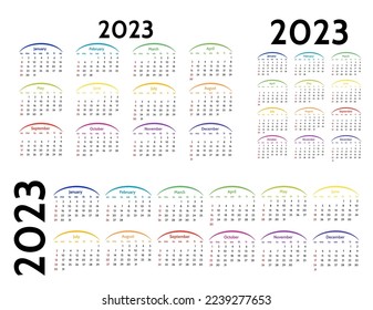 Set of three calendars for 2023 in different forms isolated on a white background. Sunday to Monday, business template. Vector illustration