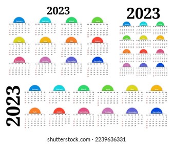 Set of three calendars for 2023 in different forms isolated on a white background. Sunday to Monday, business template. Vector illustration