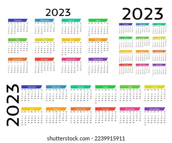 Set of three calendars for 2023 in different forms isolated on a white background. Sunday to Monday, business template. Vector illustration