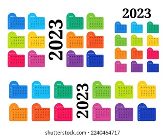 Set of three calendars for 2023 in different forms isolated on a white background. Sunday to Monday, business template. Vector illustration