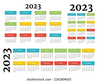 Set of three calendars for 2023 in different forms isolated on a white background. Sunday to Monday, business template. Vector illustration