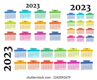 Set of three calendars for 2023 in different forms isolated on a white background. Sunday to Monday, business template. Vector illustration