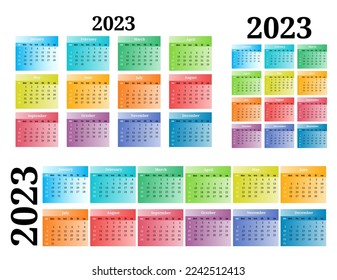 Conjunto de tres calendarios para 2023 en diferentes formas aislados en un fondo blanco. De domingo a lunes, plantilla de negocios. Ilustración del vector