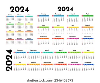 Conjunto de tres calendarios para 2024 en diferentes formas aislados en un fondo blanco. De domingo a lunes, plantilla de negocios. Ilustración del vector