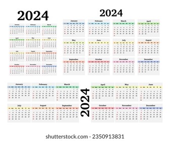 Set of three calendars for 2024 in different forms isolated on a white background. Sunday to Monday, business template. Vector illustration